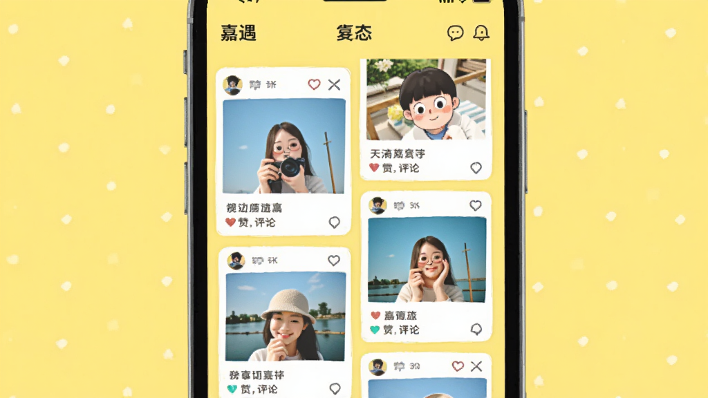 �����������ֻ���Ļչʾ��������APP�Ķ�̬�㳡ҳ�棬ҳ�����ж����û���������Ƭ�����ֿ�Ƭ��������������ǳ��ɫ������Ϊ�ٲ���ʽ���У����Ϊ���¼�Լ�廭��ϸ�ڰ������ް��ĺ��������ݣ������������ɾ����޶���Ԫ��