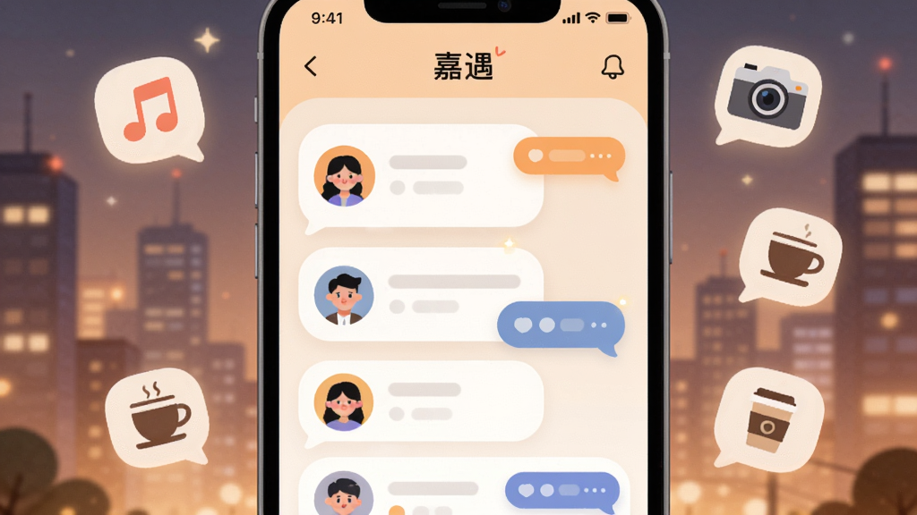 �����������ֻ���Ļ����Ļ����ʾ��������APP���罻���棬�������ж���û�ͷ��Ƭ���������ݣ���������͵�ůɫ������ҹ������ΧƯ���Ŵ�����Ȥ��ͼ������������������ȱ������ֲ������ĶԳƹ�ͼ�����Ϊ��ƽ���廭��ϸ�ڰ���Բ��Ŀ�Ƭ��ƺ�΢���׺�������������ɾ����޶���Ԫ��