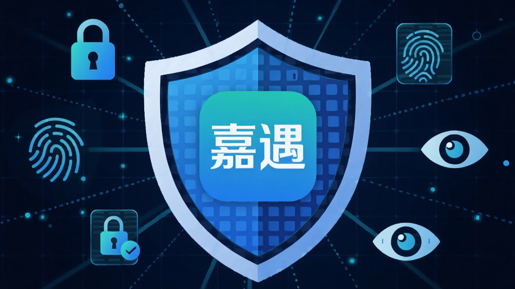 ����չʾһ��������״��ͼ�꣬���������С�������APP��Logo��������Χ����������ָ�ơ��۾��Ȱ�ȫ���ţ�����������ɫ�Ƽ������񣬲���Ϊ���ķ���״�����Ϊ��ƽ����ȫ����廭��ϸ�ڰ������������ͼ��������������������ɾ����޶���Ԫ��