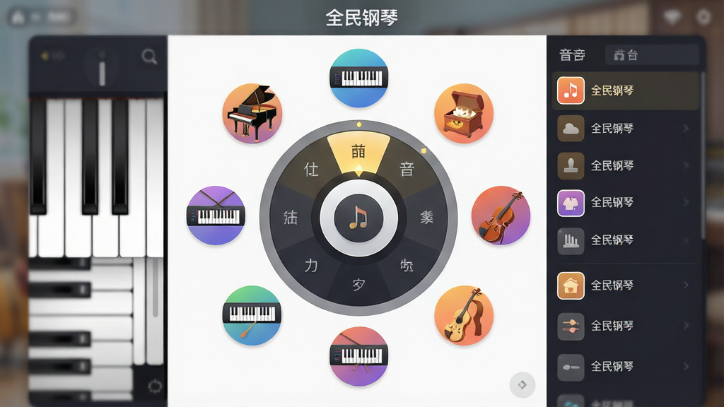 一张展示全民钢琴多种音色切换界面的预览图,主体为软件界面特写,画面中央为音色选择轮盘,周围环绕钢琴、电子琴、八音盒等乐器图标,布局为左右分栏,左侧显示键盘预览,右侧显示音色列表,排版整齐,风格为扁平化设计,细节包括图标渐变、选中高亮、背景虚化,画质清晰干净,画面中带有