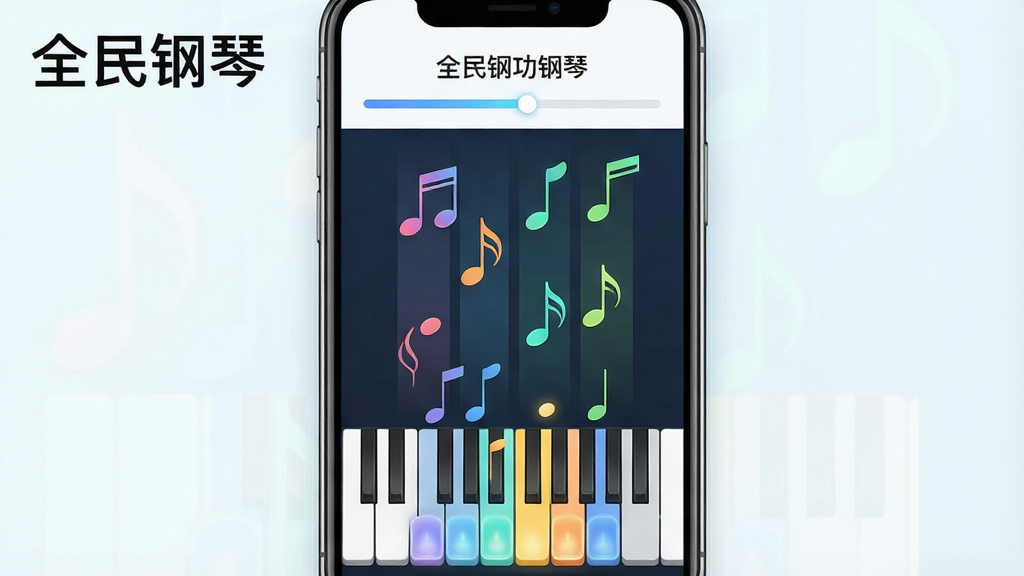 一张展示全民钢琴曲谱学习模式的预览图,主体为手机屏幕中显示瀑布流音符下落和虚拟键盘,布局为竖屏构图,上方为曲谱名称和进度条,下方为高亮琴键,排版层次分明,风格为清新学习氛围,细节包括音符颜色渐变、按键光效、进度指示,画质高清干净,画面中带有