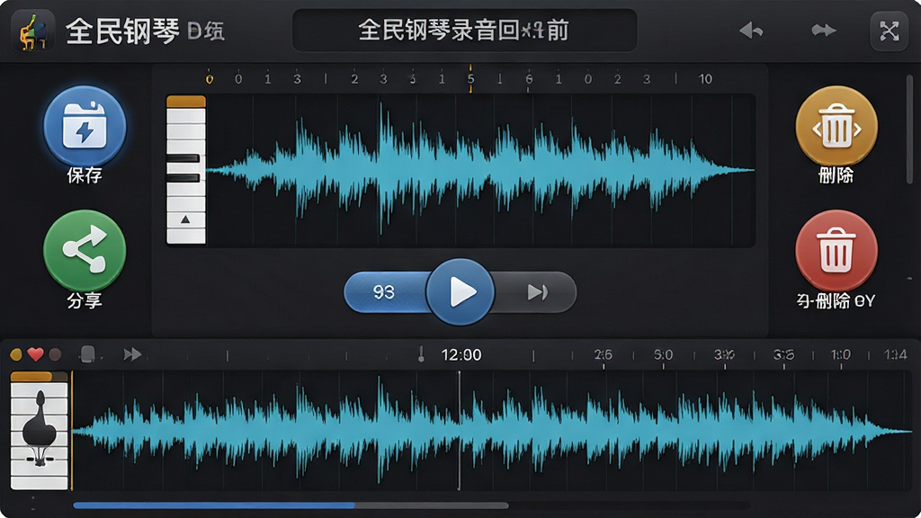 一张展示全民钢琴录音回放功能的预览图,主体为软件录音界面,画面中央为波形图和播放按钮,周围环绕保存、分享、删除等操作图标,布局为上下结构,上方显示曲目名称和时长,下方为波形展示区,排版简洁,风格为工具类应用界面,细节包括波形动态、按钮质感、时间刻度,画质清晰干净,画面中带有