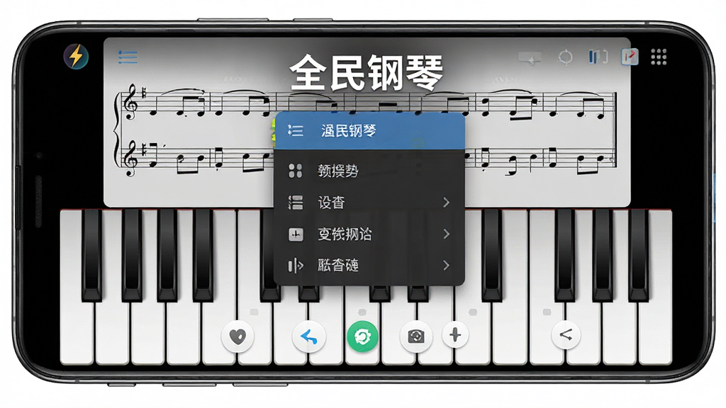 一张展示全民钢琴在安卓手机上运行效果的预览图,主体为手机横屏显示钢琴键盘和曲谱界面,画面中带有设置菜单浮层,布局为居中展示,风格为产品功能演示,细节包括界面图标、键盘光影、菜单选项,画质高清干净,画面中带有