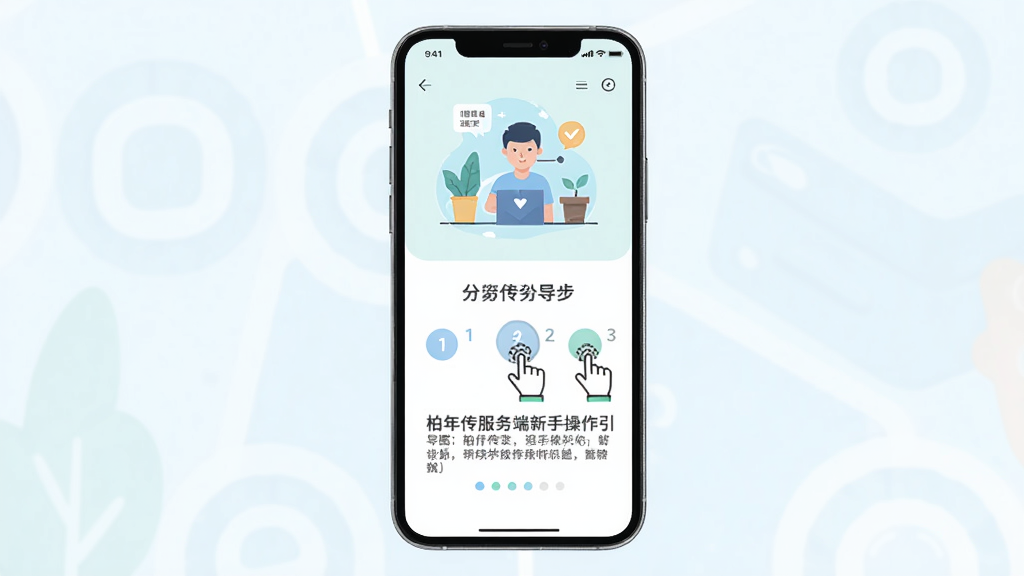 柏年传服务端新手操作引导图,主体为手机屏幕展示分步引导界面,布局为上下结构上方为插图下方为文字说明,排版居中,风格为清新浅色扁平化设计,细节包括步骤序号、手指点击图标、进度圆点,画质为高清1080P,干净无多余元素
