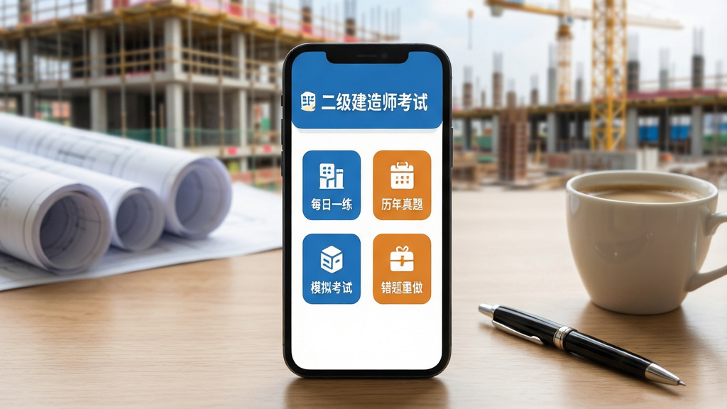 一张展示手机屏幕的图片,手机屏幕中央显示“二级建造师考试”APP的首页界面,界面布局包含每日一练、历年真题、模拟考试、错题重做等清晰的功能按钮图标,手机放置在木质办公桌面上,旁边有一支笔和一杯咖啡,背景是模糊的建筑工地或蓝图,整体风格专业、商务、简洁,画质清晰,光线明亮,无多余杂物