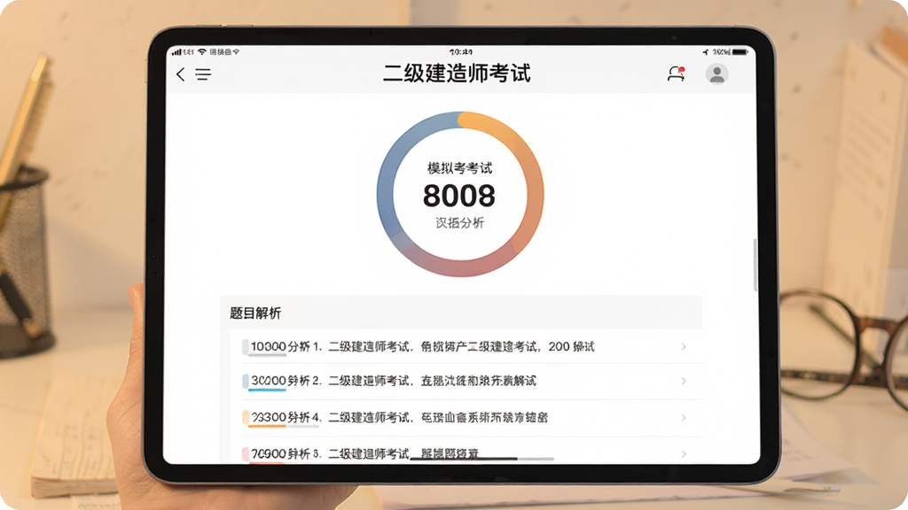 一个平板电脑或大屏手机展示“二级建造师考试”APP的模拟考试报告页面,页面中央有醒目的分数环形图,下方是详细的题目解析列表,解析文字清晰可见,背景是柔和的暖色调,画面风格专注、学术,画质清晰无噪点