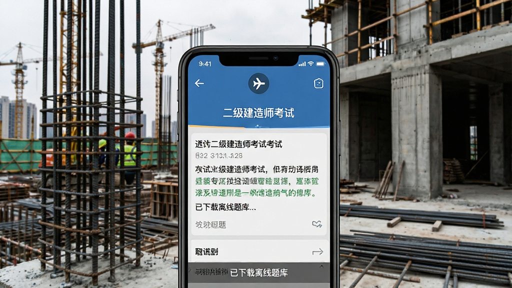 一张展示手机在无网络环境下依然显示“二级建造师考试”APP刷题界面的图片,手机屏幕上方显示飞行模式图标,但题目依然清晰呈现,屏幕下方有“已下载离线题库”的小字提示,背景是钢筋水泥的建筑工地一角,画面风格写实、硬朗,画质清晰,突出实用性