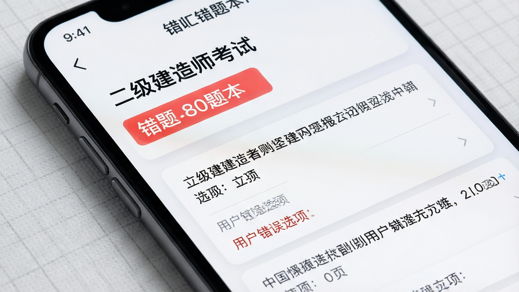 一张手机屏幕特写图,屏幕显示“二级建造师考试”APP的错题本页面,页面上用红色高亮标记出错题数量,下方列出具体的错题题干和用户错误选项,界面设计有层次感,背景有淡淡的网格纹理,风格现代简约,画质锐利干净