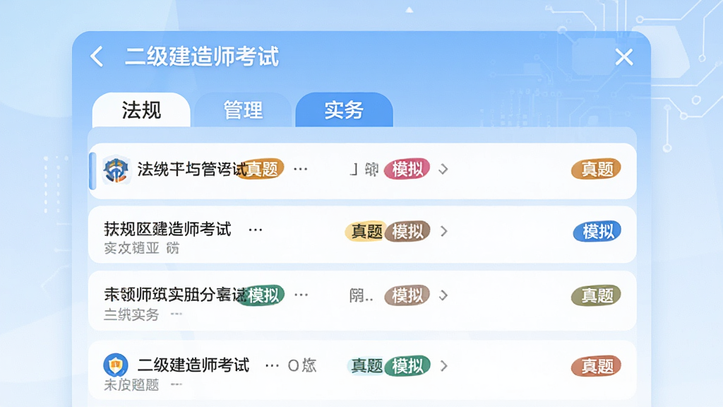 一个虚拟的数字化题库界面,画面主体是“二级建造师考试”APP的题库列表页,显示有法规、管理、实务等分类标签,每道题目旁边带有“真题”、“模拟”的彩色小标签,界面设计清晰简洁,背景为淡蓝色渐变,画面风格扁平化科技感,画质高清,无多余装饰元素