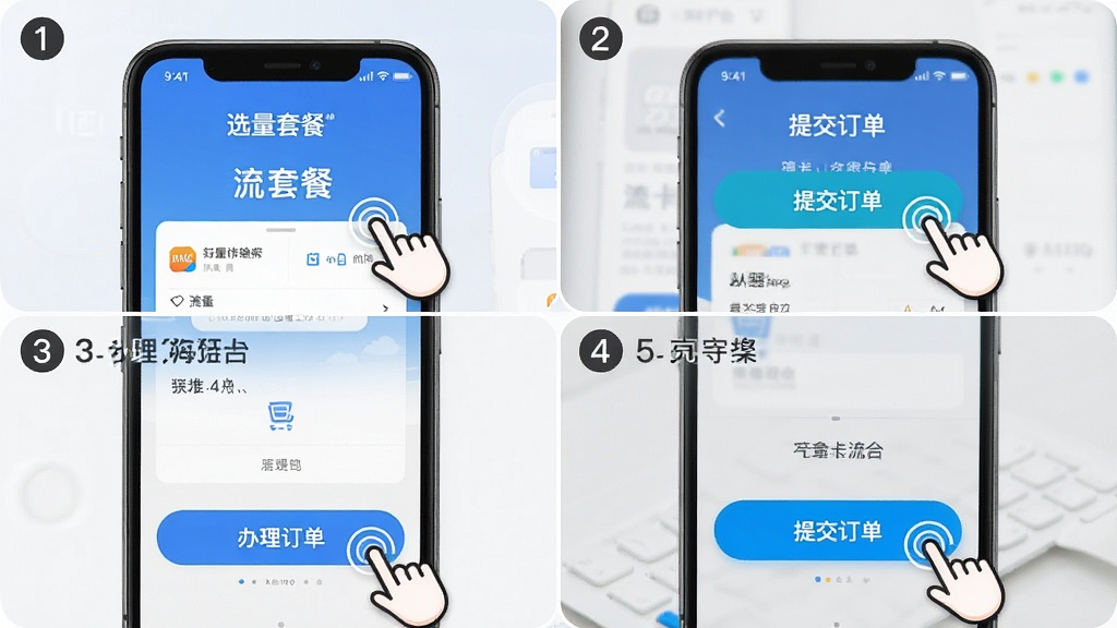 一张展示手机端流量卡办理操作流程的示意图,主体为流量卡办理方舟平台App从选套餐到提交订单的步骤截图拼接,布局为左右两列三行排列,排版整齐,风格为教程指引风,细节包含步骤数字标注、手指点击图标、办理按钮高亮,画质高清干净无多余元素