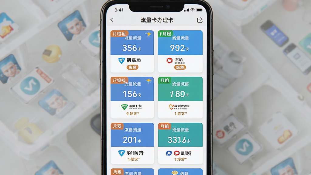 一张展示流量卡套餐对比界面的图片,主体为流量卡办理方舟平台App中的套餐列表页,布局为纵向排列的多张套餐卡片,排版左右对称,风格为清爽扁平化设计,细节包含月租价格标签、流量数字、运营商Logo,画质高清干净无多余元素