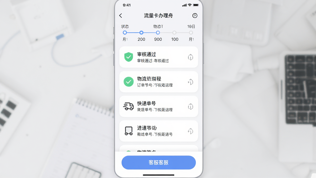 一张展示订单追踪与物流进度界面的图片,主体为流量卡办理方舟平台App订单详情页,布局为顶部状态时间轴加中部物流信息列表加底部客服按钮,排版纵向延伸,风格为柔和圆角卡片风,细节包含审核通过图标、快递单号、进度节点,画质高清干净无多余元素