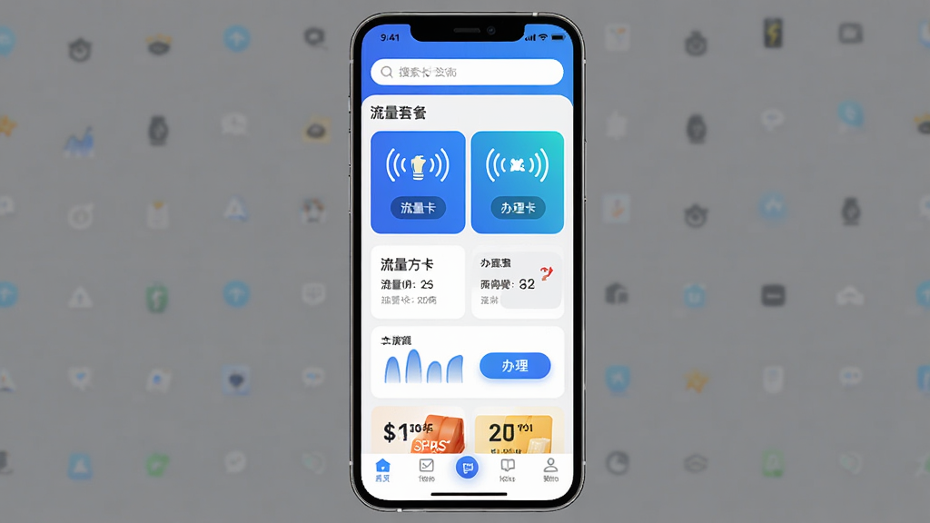 一张手机应用界面展示图,主体为流量卡办理方舟平台App首页,布局为顶部搜索栏加中部套餐卡片列表加底部导航栏,排版整齐清晰,风格为现代简约科技风,细节包含流量套餐图标、信号符号、办理按钮,画质高清干净无多余元素