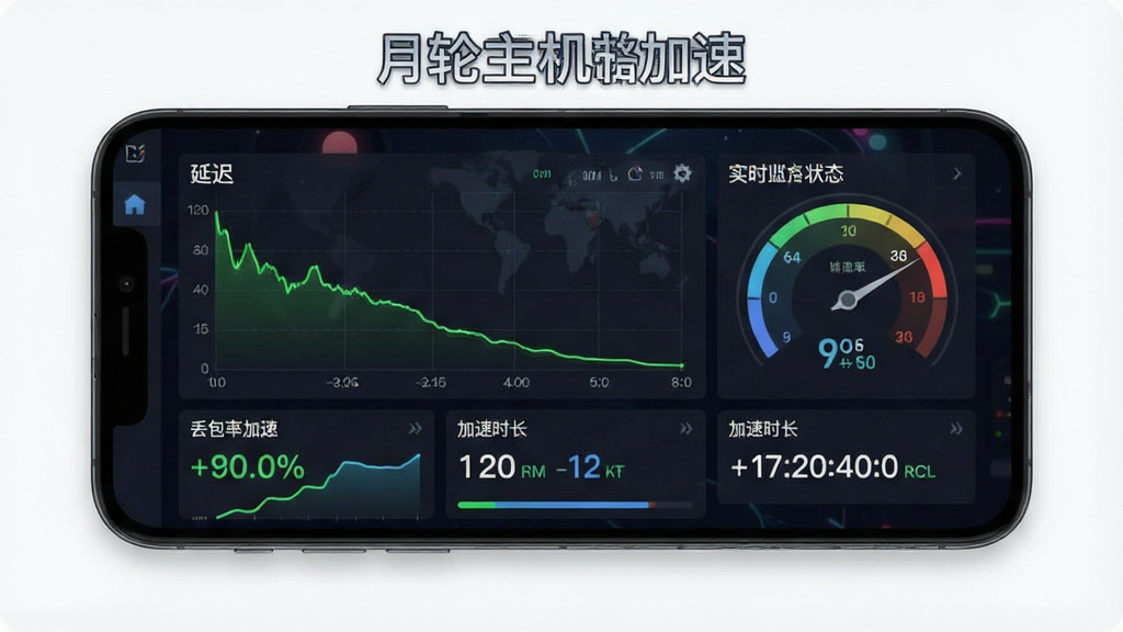 一张展示月轮主机加速实时监控功能的图片,主体为手机屏幕显示延迟曲线图和网络状态仪表盘,布局以上下结构展示数据面板,排版清晰,风格为数据仪表盘界面,细节包括绿色延迟曲线、丢包率百分比、加速时长计时器、深色背景配亮色数据,画质高清,干净,无多余元素,画面中带有文字“月轮主机加速”