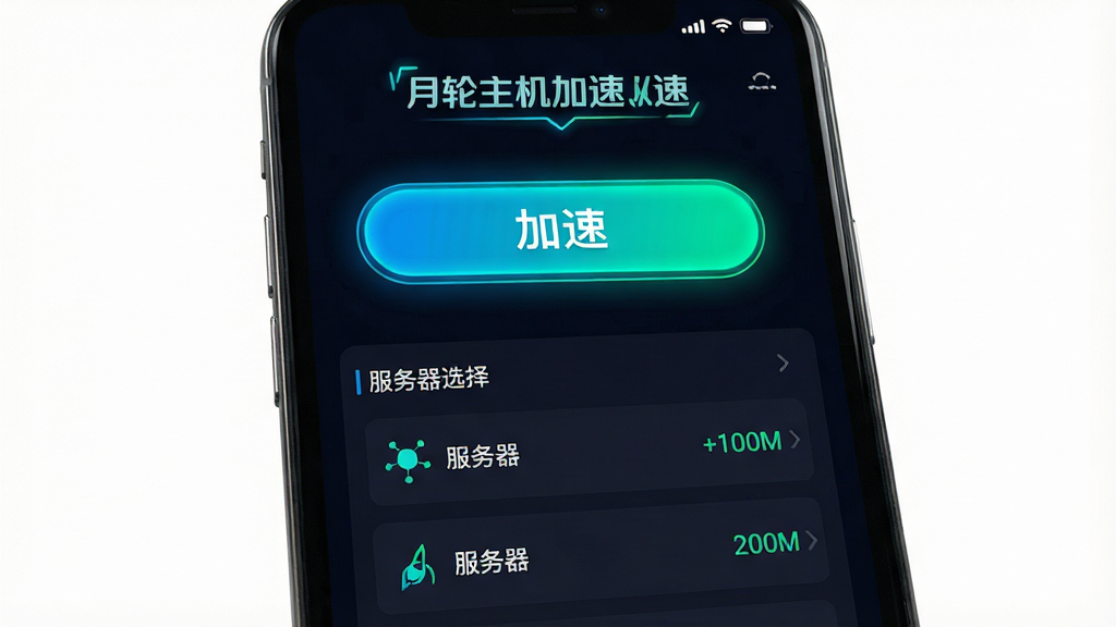 一张展示月轮主机加速软件界面的图片,主体是一个现代化的手机应用界面,布局中央为加速按钮和服务器选择列表,排版清晰简洁,风格为科技感与游戏感结合,细节包括深色背景、霓虹蓝绿色高光、服务器节点图标和延迟数值显示,画质高清,干净,无多余元素,画面中带有文字“月轮主机加速”