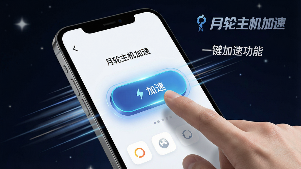 一张展示月轮主机加速一键加速功能的图片,主体为一只手指点击手机屏幕上的加速按钮,布局以手机界面为中心,排版聚焦,风格为现代UI设计展示,细节包括按钮发光效果、界面简洁、周围有速度线条动感元素,画质高清,干净,无多余元素,画面中带有文字“月轮主机加速”