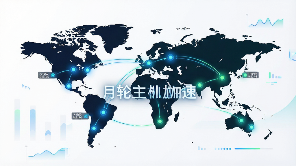 一张展示月轮主机加速智能节点选择功能的图片,主体为世界地图上分布着多个发光节点,布局以地图为中心,排版简洁,风格为科技感数据可视化,细节包括连线表示数据传输路径、节点旁标注延迟数值、蓝色与绿色渐变色调,画质高清,干净,无多余元素,画面中带有文字“月轮主机加速”