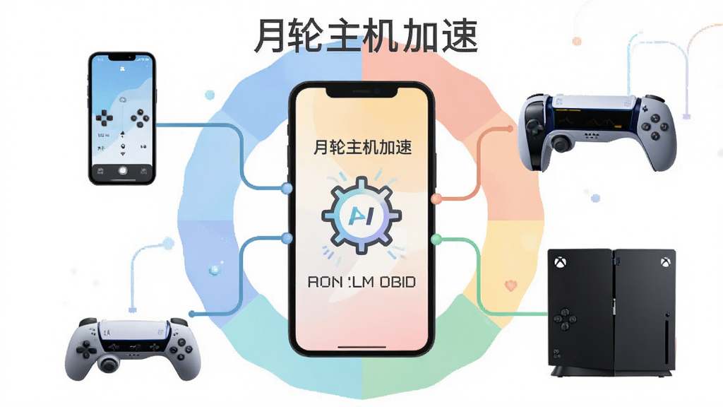 一张展示月轮主机加速多平台兼容特性的图片,主体为手机、Switch、PS5、Xbox主机围绕手机屏幕排列,布局呈环形围绕中心,排版均衡,风格为扁平化科技插画,细节包括各设备以线条连接至中心加速图标、明亮柔和的色彩搭配,画质高清,干净,无多余元素,画面中带有文字“月轮主机加速”