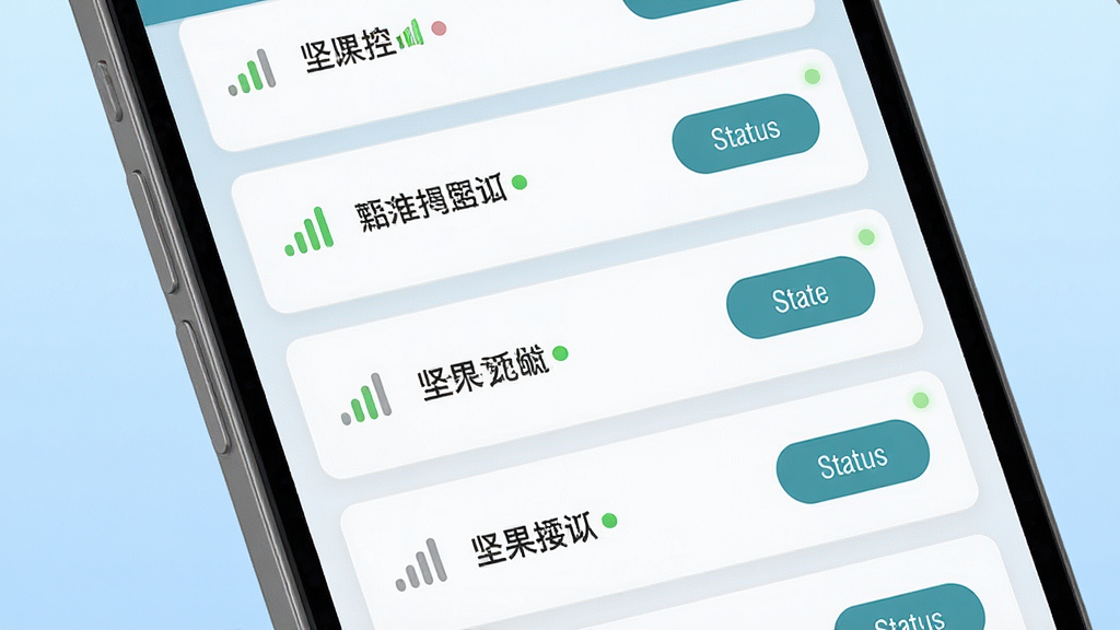 一张展示坚果控设备搜索界面的AI生图,画面主体是一部手机屏幕特写,屏幕上显示着设备列表,列表中包含多个设备名称和连接按钮,布局为上下排列的卡片式设计,排版清晰有序,风格为扁平化UI设计风格,细节上每个设备卡片带有信号强度图标和状态指示灯,背景为淡蓝色渐变,画质高清,干净,无多余元素