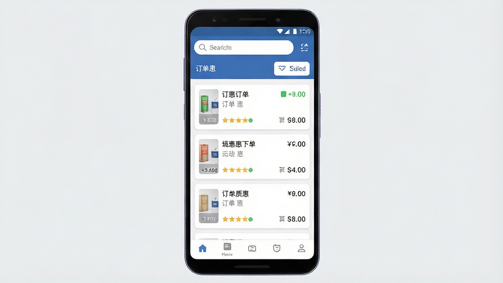 一张展示质惠下单系统手机端首页界面的图片,画面中央是一部竖屏安卓手机,手机屏幕内显示质惠下单系统的订单列表页面,顶部有搜索框和筛选按钮,中部为订单卡片列表,底部有导航栏,背景为浅灰色极简风格,主体突出手机与软件界面,布局居中,排版干净,风格为现代扁平化UI展示,细节包括清晰的图标、文字标签、订单状态色块,画质高清,干净,无多余元素