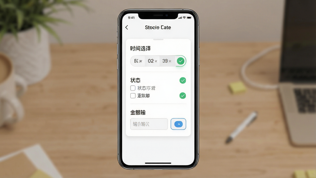 一张展示质惠下单系统智能筛选功能的界面截图风格图片,画面中央为手机屏幕,屏幕内显示筛选面板,包含时间选择器、状态勾选项、金额输入框等控件,背景为白色卡片式布局,主体为筛选面板,布局居中,排版规整,风格为清爽工具类UI,细节包括按钮圆角、选中高亮色、文字标签,画质高清,干净,无多余元素