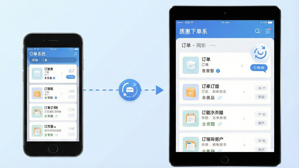 一张展示质惠下单系统多端同步功能的示意图,画面中左侧为一部手机,右侧为一台平板电脑,两块屏幕之间用一条带有同步箭头的虚线连接,屏幕内均显示相同的订单列表界面,背景为淡蓝色渐变,主体为两台设备与同步箭头,布局左右对称,排版清晰,风格为科技感扁平插画,细节包括设备边框、界面元素、同步图标,画质高清,干净,无多余元素