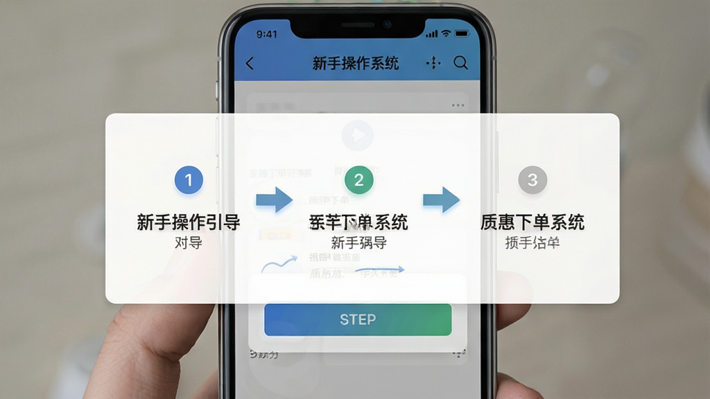 一张展示质惠下单系统新手操作引导页面的图片,画面为手机屏幕特写,屏幕内显示分步引导提示框,包含箭头指向和文字说明,背景为半透明遮罩,主体为引导提示与手机界面,布局居中,排版简洁,风格为友好教学类UI,细节包括高亮按钮、步骤序号、提示文字,画质高清,干净,无多余元素