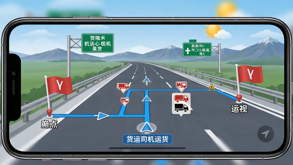 货运司机运货路线规划界面截图,手机横屏显示地图路线,起点与终点以旗帜标记,途经路段标注货车限行提示图标,背景为高速公路与远山,构图手机居中,风格写实导航风,细节包含路牌、车道线、天气晴朗,画质高清干净,画面中文字