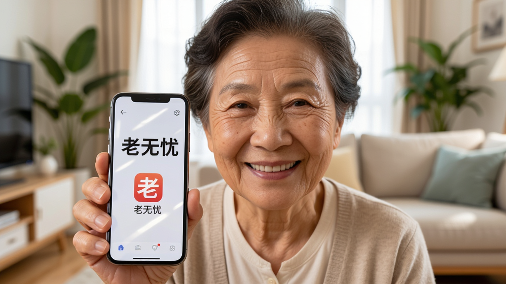画面主体是一位面带笑容的中老年人在明亮客厅中手持智能手机,手机屏幕显示简洁的大字界面和