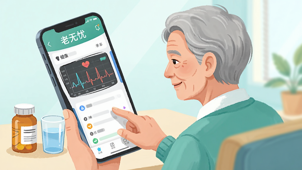 画面主体是一位老年人正在使用手机查看健康数据图表,手机屏幕显示