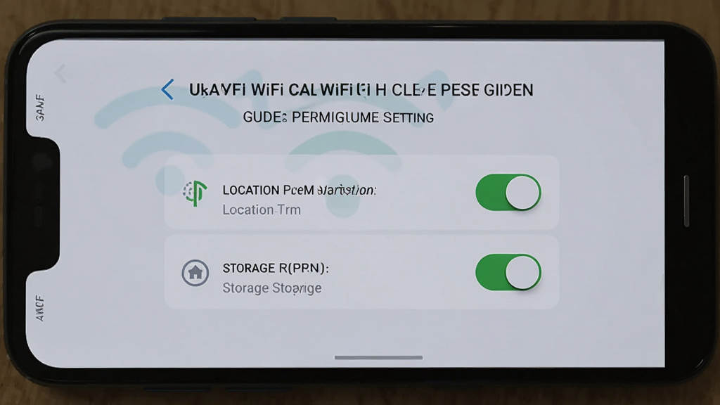 一部安卓手机屏幕显示万能WiFi免连的权限设置引导页面,页面上有位置权限和存储权限的开关按钮,背景为浅灰色,风格简洁明了,细节清晰,画质干净,无多余元素。
