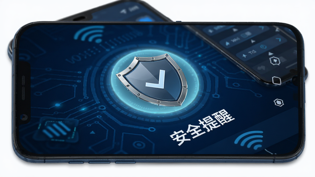 一部安卓手机屏幕显示万能WiFi免连的安全检测页面,页面上有一个盾牌图标和“安全提醒”文字,背景为深蓝色科技风格,盾牌发出淡蓝色光晕,细节清晰,画质干净,无多余元素。