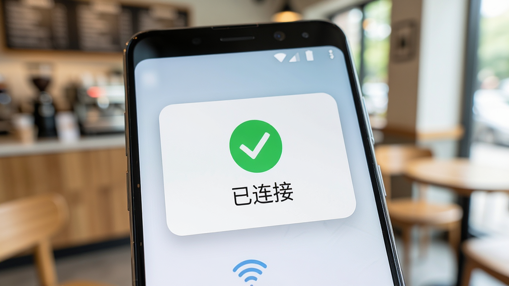 一部安卓手机特写,屏幕上显示万能WiFi免连的连接成功提示弹窗,弹窗中有绿色的对勾图标和“已连接”字样。手机背景是虚化的咖啡厅环境,画面风格清新明亮,细节丰富,画质干净,无多余元素。