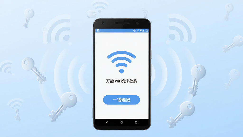 画面中央展示一部安卓手机,手机屏幕上显示着万能WiFi免连软件的主界面,界面中有WiFi信号图标和“一键连接”按钮。手机周围环绕着多个半透明的WiFi信号波纹和钥匙图标,背景是简洁的浅蓝色渐变,风格清爽现代,细节清晰,画质干净,无多余元素,适合作为软件下载站预览图。