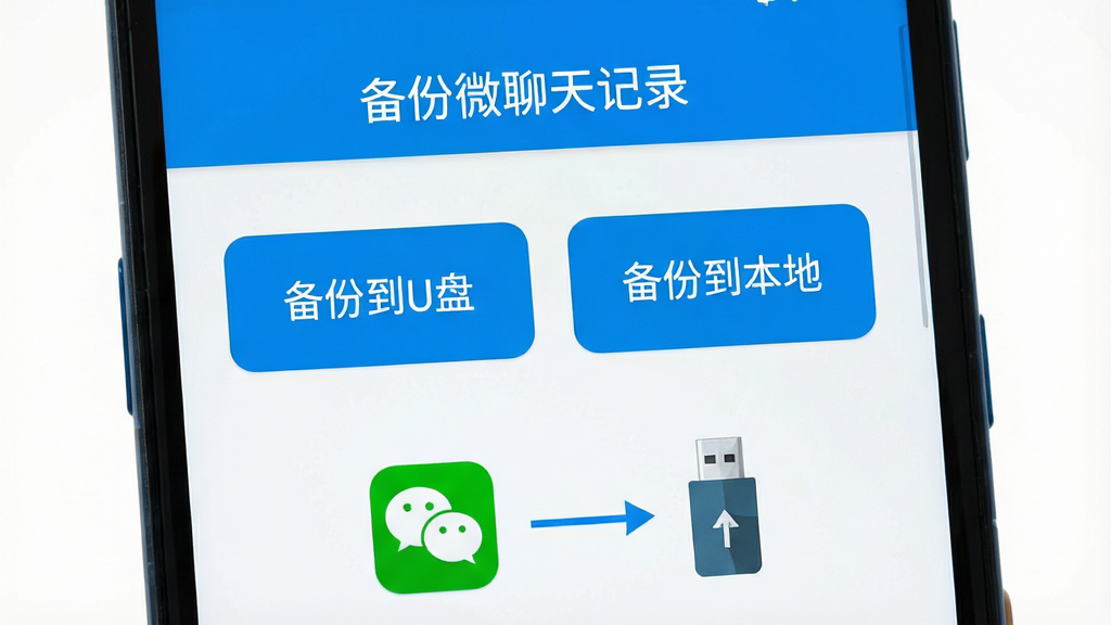 一张展示安卓手机界面的图片,手机屏幕中央显示“备份微聊天记录”应用的主页,页面布局简洁,顶部有软件名称文字,中间有“备份到U盘”和“备份到本地”两个大按钮,底部有微信图标和U盘图标通过箭头连接,整体风格为扁平化科技蓝,画面干净明亮,无多余装饰元素,高清画质