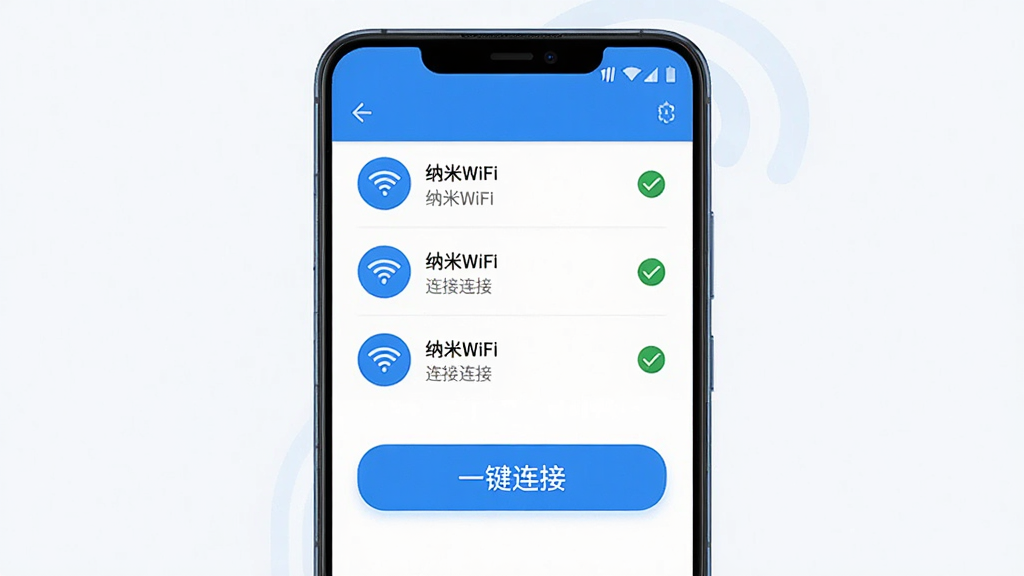 一部安卓手机屏幕显示纳米WiFi的一键连接界面,主体为手机居中放置,屏幕内展示WiFi列表和显眼的“一键连接”按钮,布局为上下排列,排版整齐,风格为现代简约科技风,细节包括蓝色主色调、圆形信号图标、已连接状态打勾标记,画质清晰,画面干净,无多余元素
