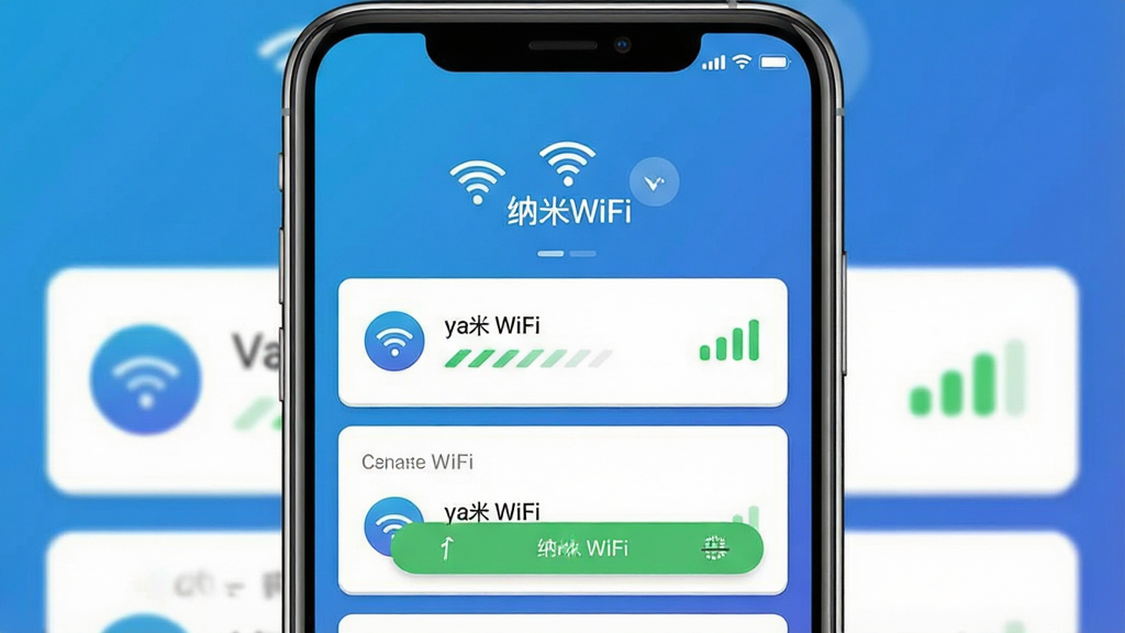 一张展示纳米WiFi软件界面的手机预览图,主体是一部现代智能手机,屏幕中央显示纳米WiFi应用主界面,顶部有WiFi信号图标和“纳米WiFi”文字标识,下方排列可用网络列表和连接按钮,布局简洁清晰,排版采用上下结构,风格为科技感扁平化设计,细节包括蓝色渐变背景、白色卡片式网络列表、绿色信号强度条,画质高清,画面干净,无多余元素