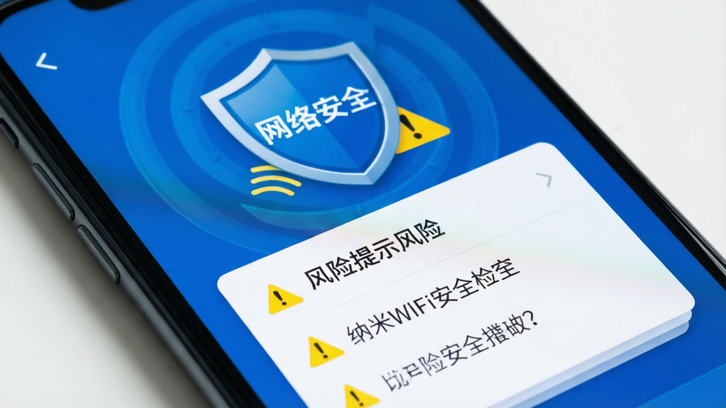 一部手机显示纳米WiFi安全检测页面,主体为手机屏幕特写,屏幕内展示盾牌图标和“网络安全”字样,下方列出风险提示条目,布局为居中卡片式,风格为安全防护主题,细节包括蓝色盾牌、黄色警告三角、白色背景卡片,画质清晰,画面干净,无多余元素