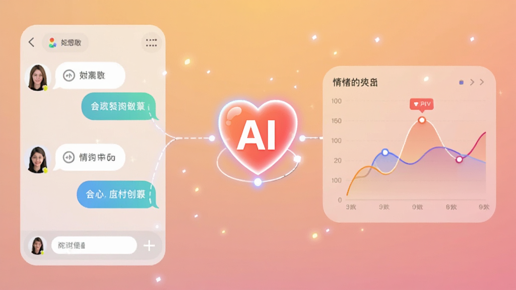 她想软件功能展示图,画面中一个发光的AI爱心图标连接着用户头像与数据图表,背景是柔和的渐变暖色调,布局采用左右分割构图,左侧是聊天界面气泡,右侧是情绪曲线图,风格科技感与温馨感并存,细节上有微小光点飘浮,画质清晰,干净无多余元素