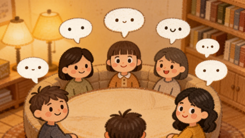 她想软件社区界面预览图,画面展示一个温馨的虚拟房间,房间内有多个卡通人物头像围坐一圈,头顶有对话气泡,背景是暖黄色的灯光与书架,布局对称和谐,风格手绘插画风,细节上每个头像表情各异但都带着微笑,画质柔和,干净无多余元素