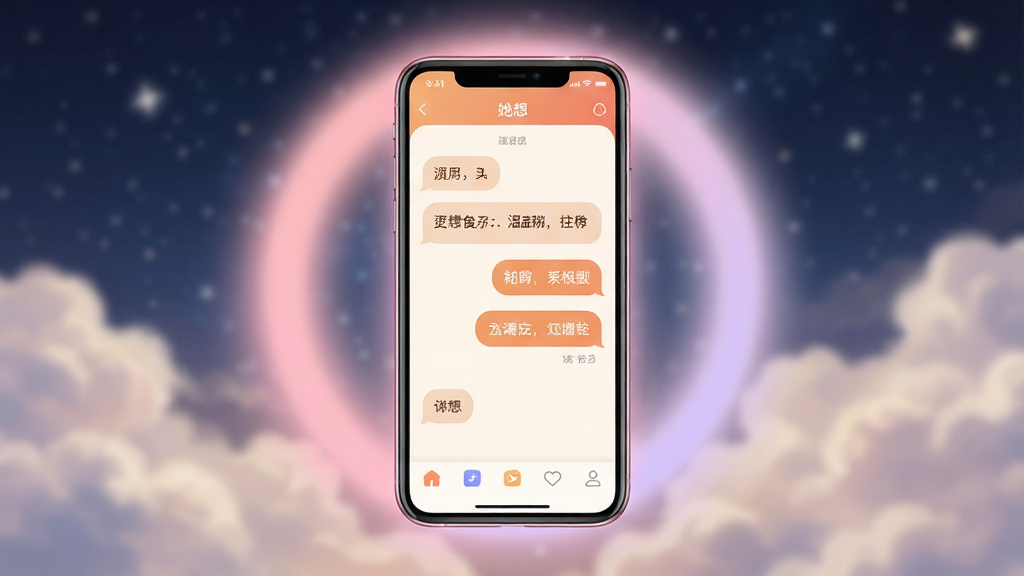 一张展示她想APP核心全貌的预览图,画面中央是一部智能手机,屏幕亮起显示她想APP的温暖对话界面,周围环绕着柔和的粉色与淡紫色光晕,背景是模糊的星空与云朵,整体风格温馨治愈,布局简洁大气,细节上手机边缘有微光,画质高清,干净无多余元素