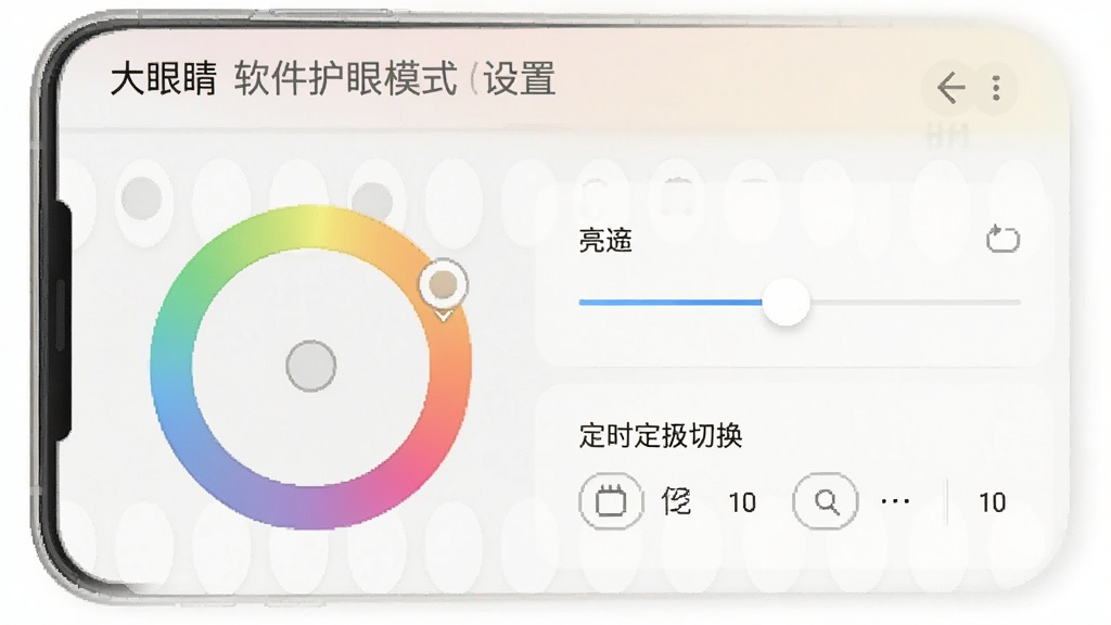 一张“大眼睛”软件护眼模式设置页面的界面截图,画面展示手机屏幕上的色温调节圆盘、亮度滑块和定时切换选项,界面布局清晰,配色柔和,风格简洁现代,画质干净,无多余元素。