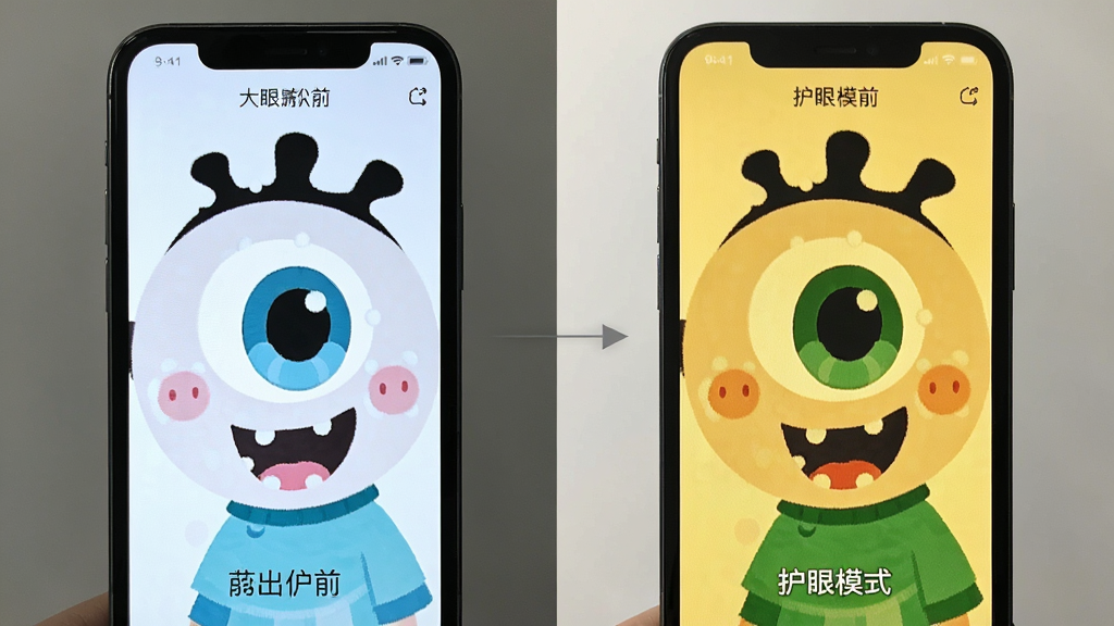 一张展示“大眼睛”软件在手机上开启护眼模式前后的屏幕对比图,左侧为普通屏幕偏冷白,右侧为护眼模式暖黄色,画面简洁直观,风格干净,无多余元素。