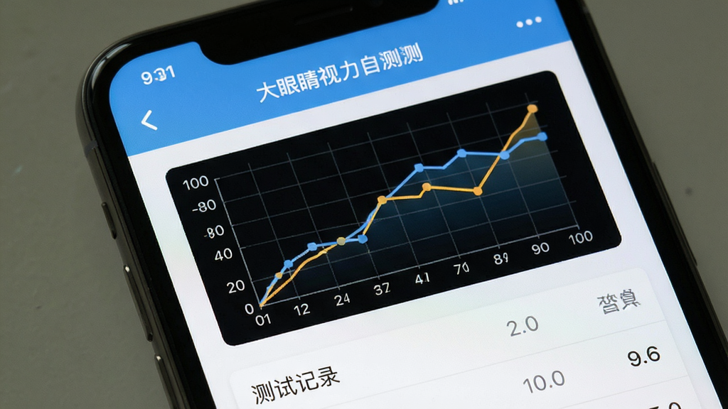 一张“大眼睛”软件视力自测记录页面的界面截图,画面展示手机屏幕上的视力变化折线图和测试记录列表,图表清晰,界面配色清爽,风格简约,画质干净,无多余元素。
