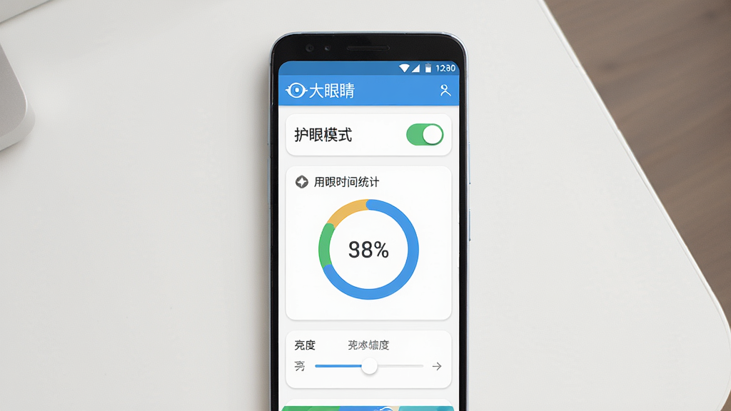 一张展示“大眼睛”软件主界面的手机样机图,画面中央是一部竖屏安卓手机,屏幕上显示“大眼睛”APP的首页,首页有护眼模式开关、用眼时长统计圆环、亮度调节滑块等元素。手机背景为干净浅色桌面,整体风格清新简约,细节清晰,画质干净,无多余元素。