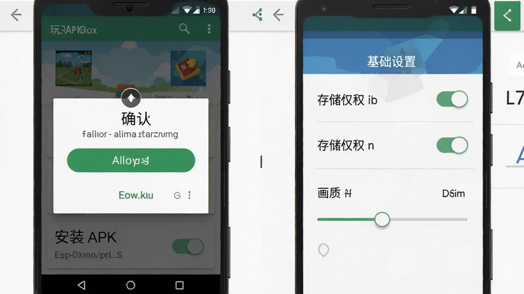 玩得起新手安装设置界面示意图,画面展示安卓手机安装APK时的权限确认弹窗和游戏内基础设置面板,布局清晰分为左右两块,风格为扁平化教程图示,细节包括允许安装按钮高亮、存储权限开关、画质调节滑块,画质高清,干净,无多余元素