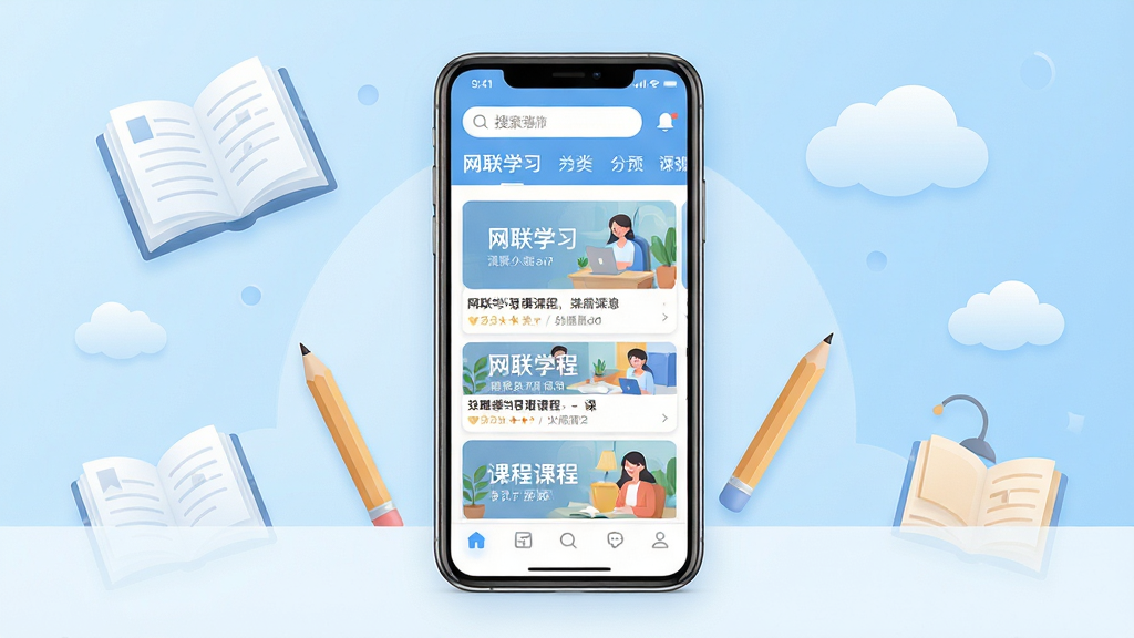 网联学习APP主界面展示图,画面中央放置一部竖屏智能手机,手机屏幕上显示网联学习的课程列表页面,顶部有搜索栏和分类标签,中部为课程卡片,底部为导航栏。背景为浅蓝色渐变,搭配书本、铅笔、云朵等学习元素,风格清新简约,整体色调柔和明亮,细节清晰,画质高清,干净无多余元素。