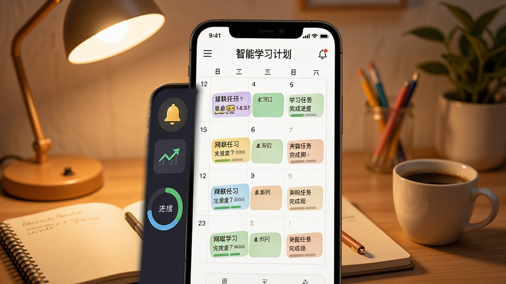 网联学习智能学习计划界面,手机屏幕显示日历视图,每天标注有学习任务和完成进度,侧边有提醒铃铛图标和进度环形图。背景为温馨的桌面场景,有台灯、笔记本和一杯咖啡,风格温暖舒适,细节丰富,画质高清,整体干净无杂乱元素。
