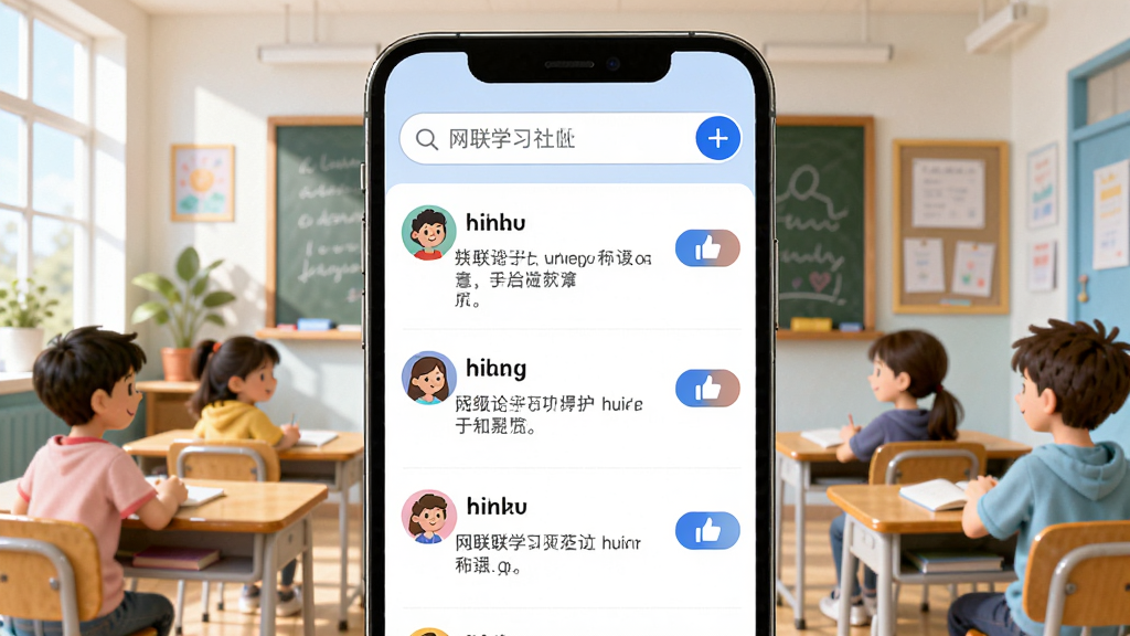 网联学习社区互动界面,手机屏幕显示讨论区帖子列表,有用户头像、昵称、评论内容和点赞按钮,顶部有发布新帖的输入框。背景为明亮的教室场景,有黑板和课桌,风格活泼友好,细节生动,画质清晰,画面干净整洁。
