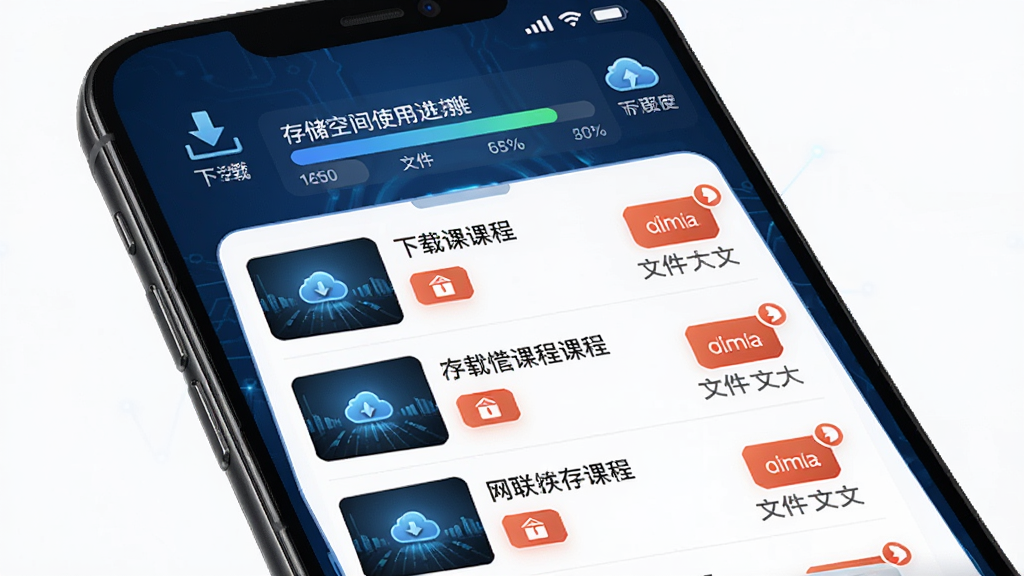 网联学习离线缓存管理界面,手机屏幕显示已下载课程列表,每个课程旁边有删除按钮和文件大小标注,顶部有存储空间使用进度条。背景为深蓝色科技感纹理,搭配下载箭头和云朵图标,风格简洁科技,细节清晰,画质锐利,画面干净无多余装饰。